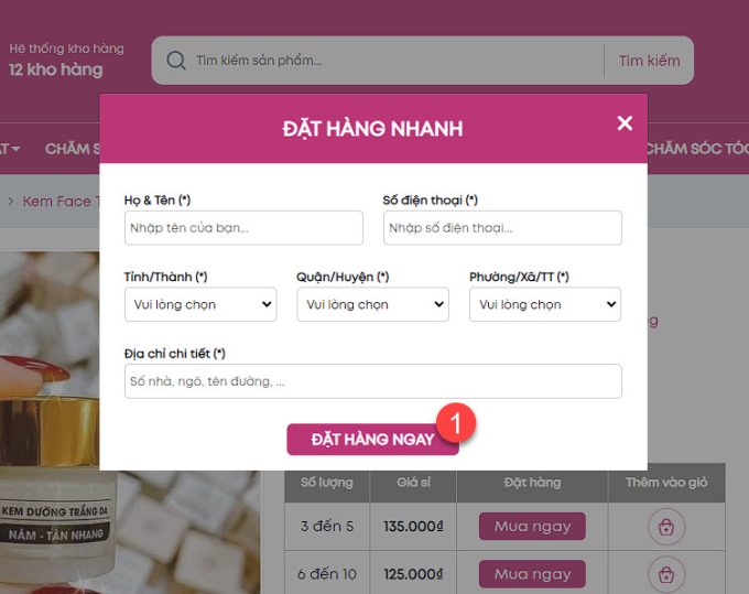 Bảng đặt hàng nhanh trên Kho Sỉ Nhà Min